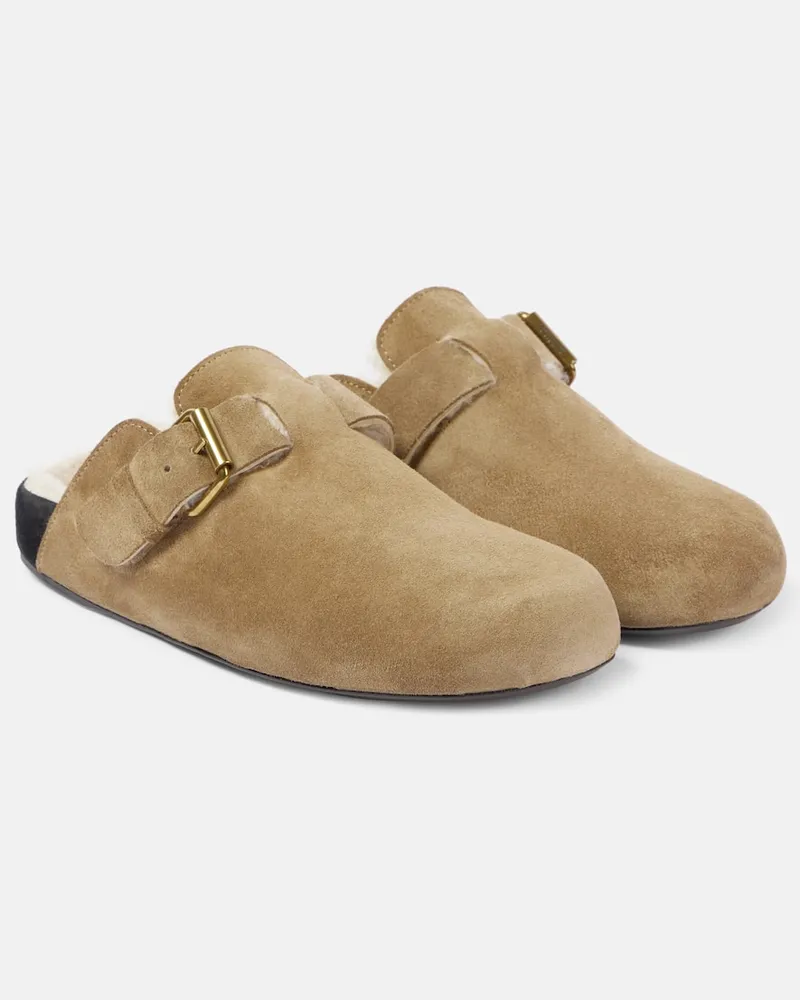 Isabel Marant Slippers Mirvin aus Veloursleder mit Shearling Beige