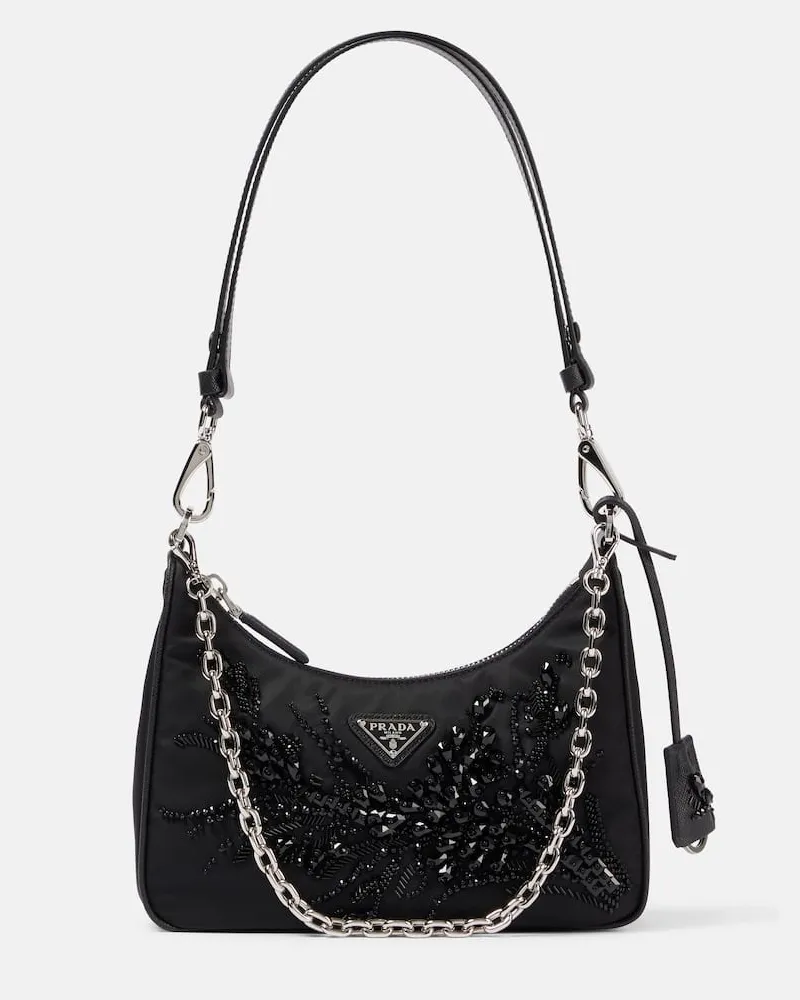 Prada Verzierte Schultertasche Re-Edition Schwarz