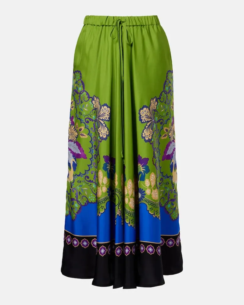 La DoubleJ Bedruckter Midirock aus Seide Grün