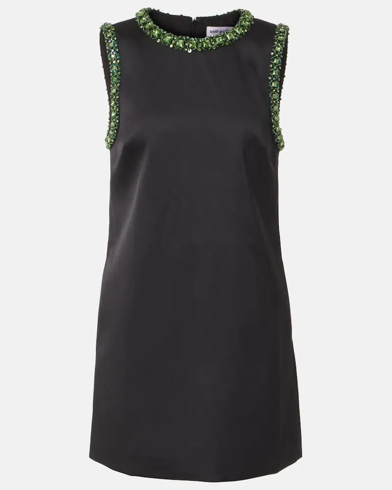Self-Portrait Verziertes Minikleid aus Satin Schwarz