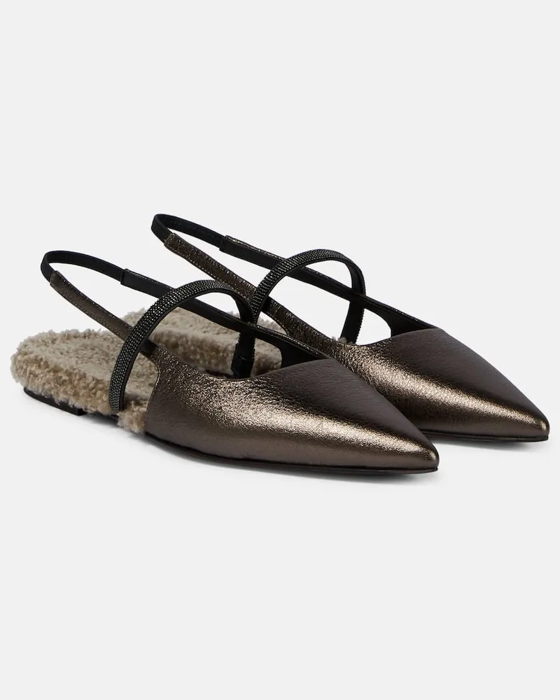 Brunello Cucinelli Verzierte Slingback-Ballerinas aus Metallic-Leder Multicolor