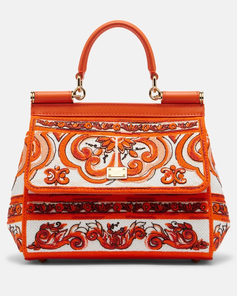 Dolce & Gabbana Bestickte Henkeltasche Sicily Medium aus Canvas Orange
