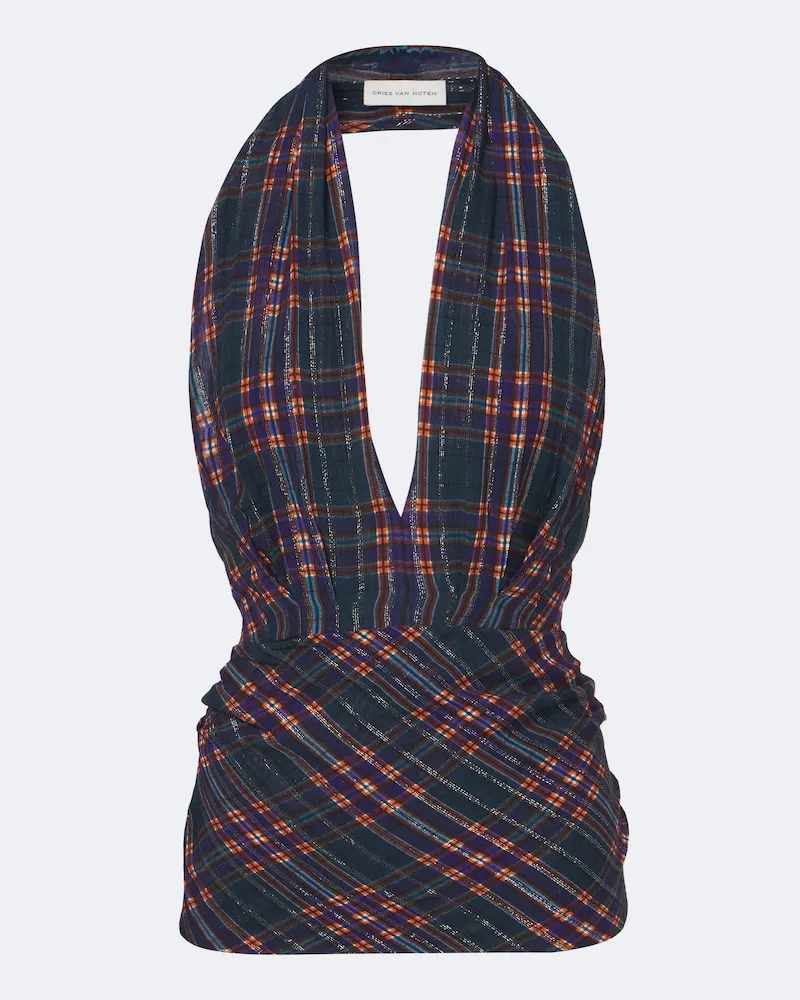 Dries van Noten Top aus Lamé Blau
