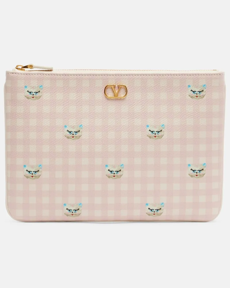 Valentino Garavani Bedruckte Clutch VLogo Medium aus Leder Rosa