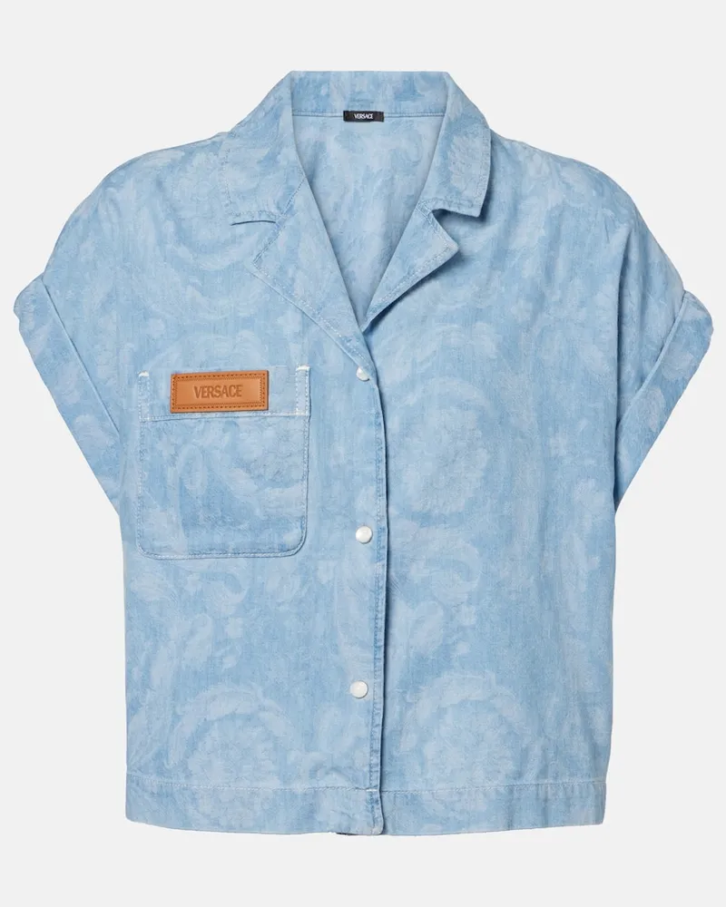 Versace Cropped-Hemd Barocco aus Chambray Blau