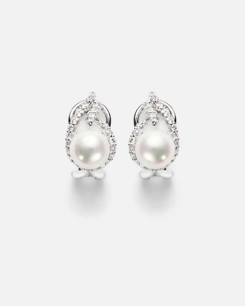 Mikimoto Ohrringe aus 18kt Weißgold mit Diamanten und Akoyaperlen Silber