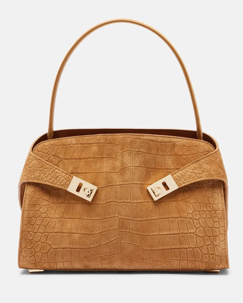 Ferragamo Schultertasche Hug Medium aus Veloursleder Beige