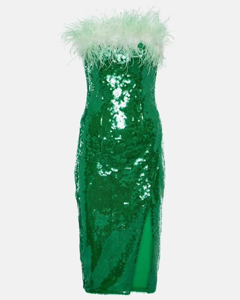 Self-Portrait Midikleid mit Pailletten und Federn Grün