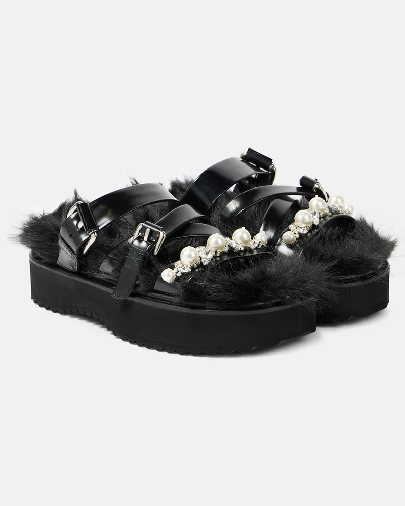 Simone Rocha Verzierte Plateausandalen aus Leder mit Faux Fur Schwarz