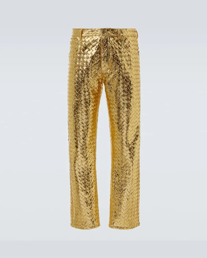 Bottega Veneta Gerade Hose Intrecciato aus Metallic-Leder Gold