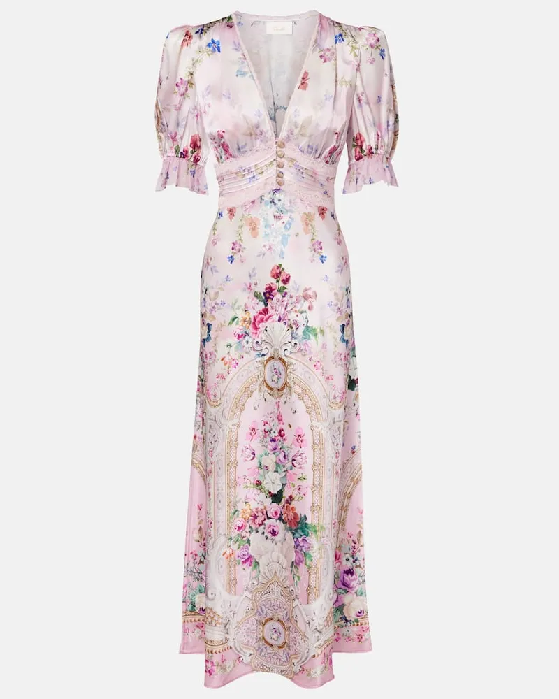 Camilla Bedrucktes Midikleid aus Seide mit Spitze Rosa