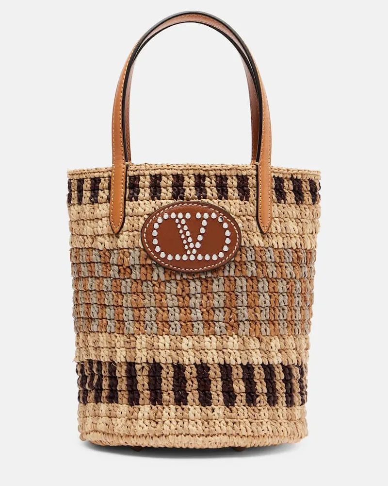 Valentino Garavani Bucket Bag VLogo Signature Small aus Raffiabast Braun