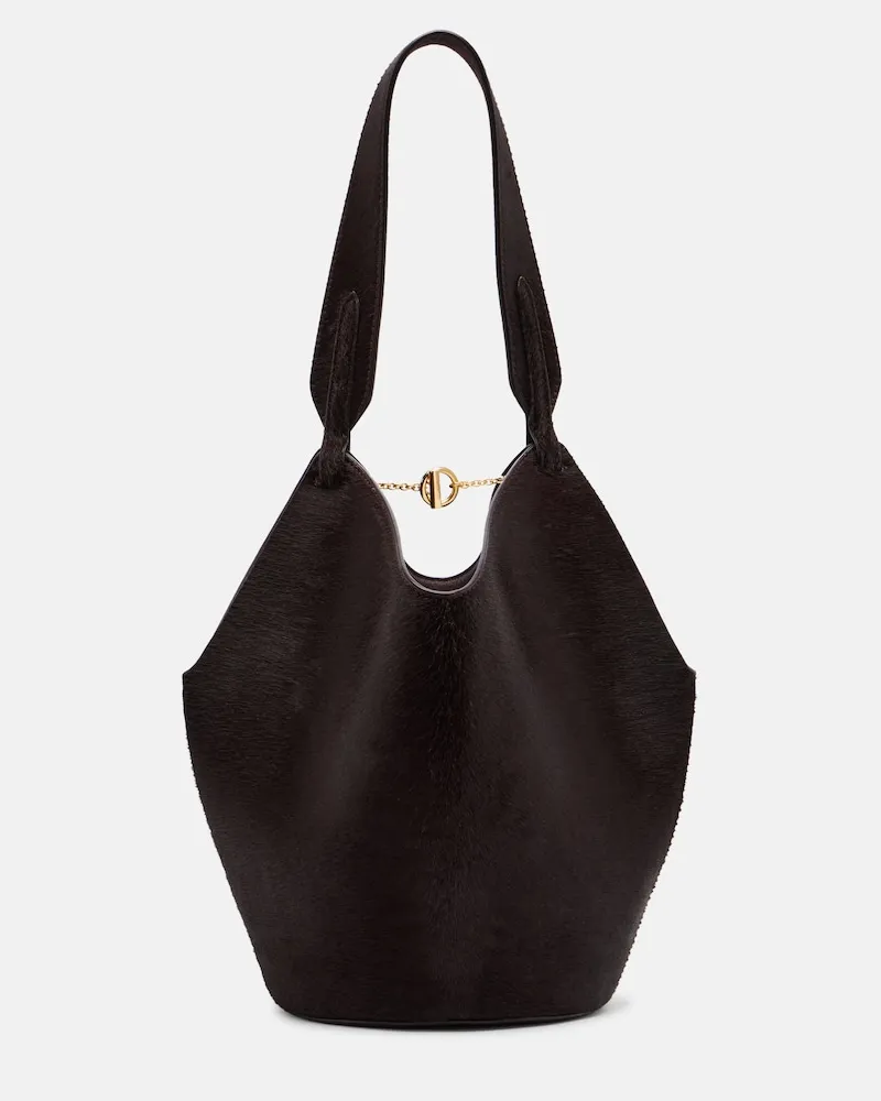 KHAITE Tote Bag Lotus Mini aus Kalbshaar und Veloursleder Burgunderrot