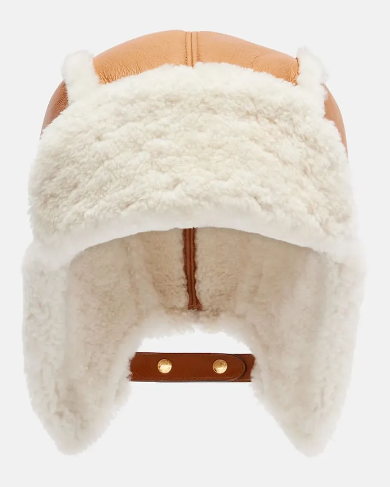 Miu Miu Mütze aus Leder mit Shearling Beige