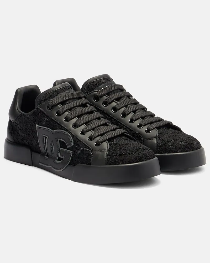Dolce & Gabbana Sneakers Portofino aus Leder mit Spitze Schwarz