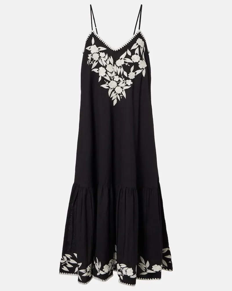Juliet Dunn Besticktes Midikleid aus Baumwolle und Leinen Schwarz
