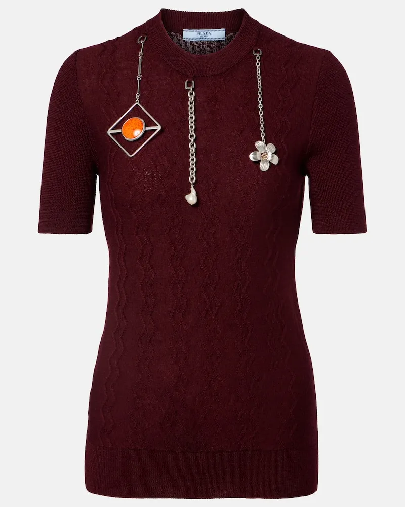 Prada Verziertes T-Shirt aus Schurwolle Burgund