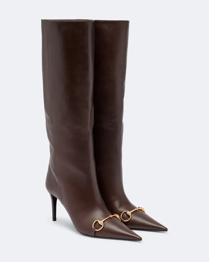 Gucci Kniehohe Stiefel Donna Horsebit aus Leder Braun