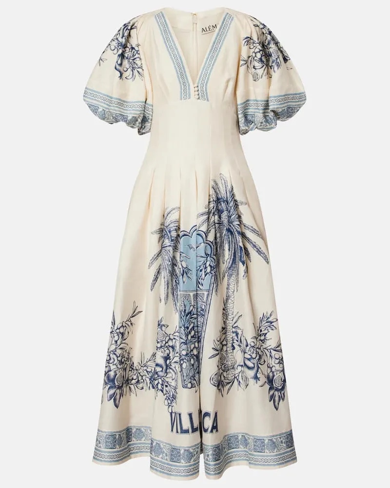 ALEMAIS Alémais Midikleid Villa Romantica aus einem Leinengemisch Weiß