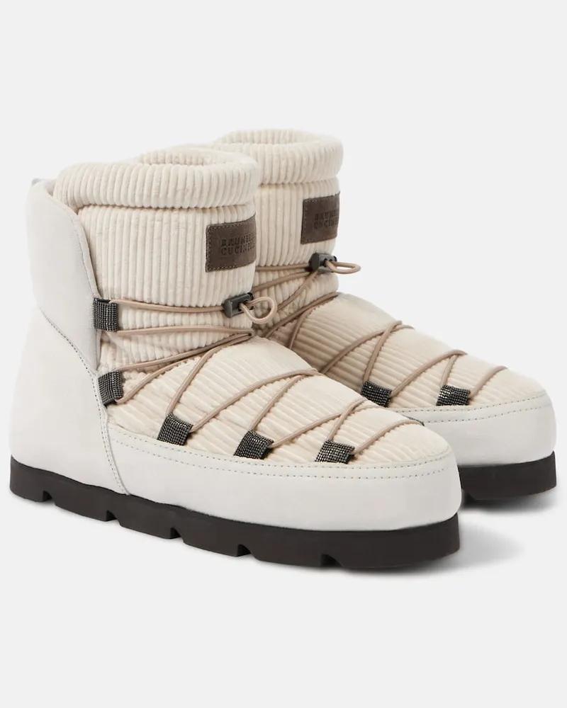 Brunello Cucinelli Schneestiefel aus Veloursleder mit Shearling Weiß