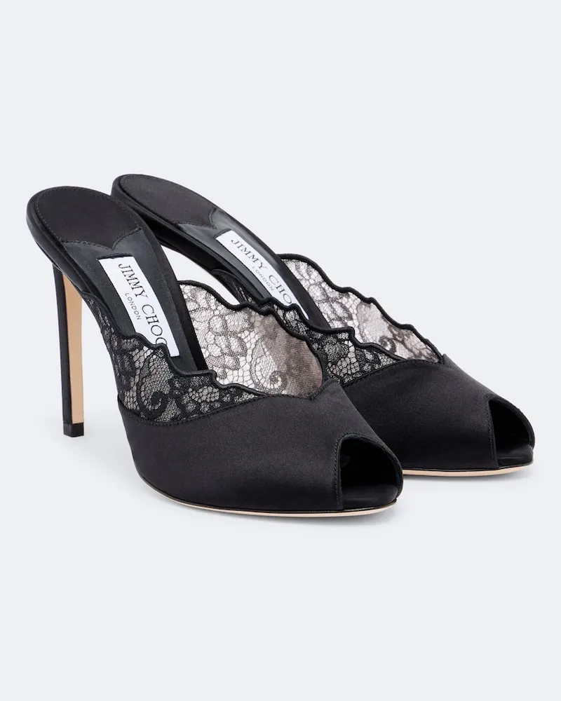 Jimmy Choo Pantoletten Brigitte aus Satin mit Spitze Schwarz