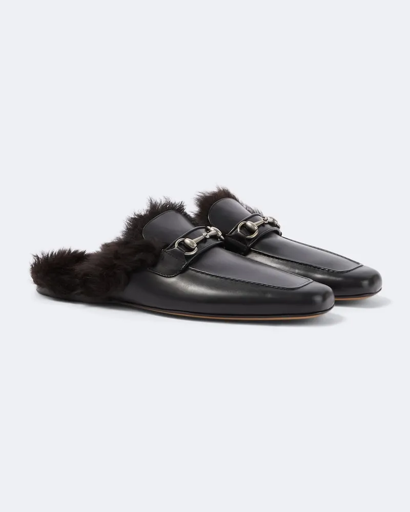 Gucci Slippers Horsebit aus Leder mit Shearling Schwarz