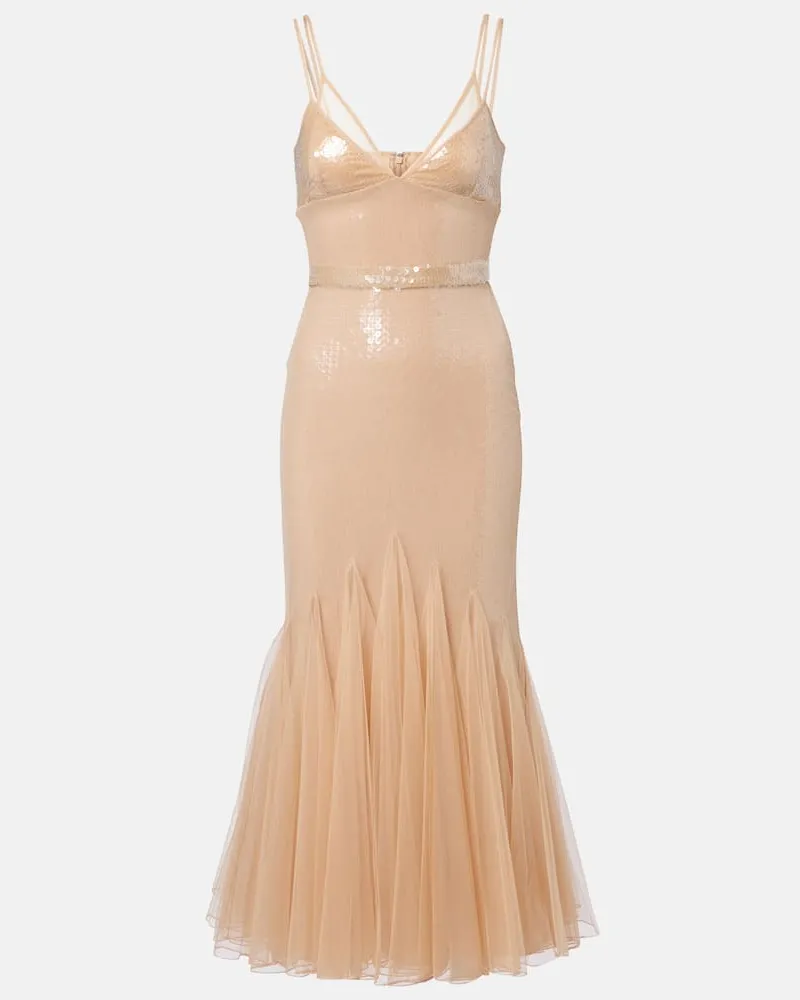 David Koma Cocktailkleid mit Pailletten und Tüll Beige