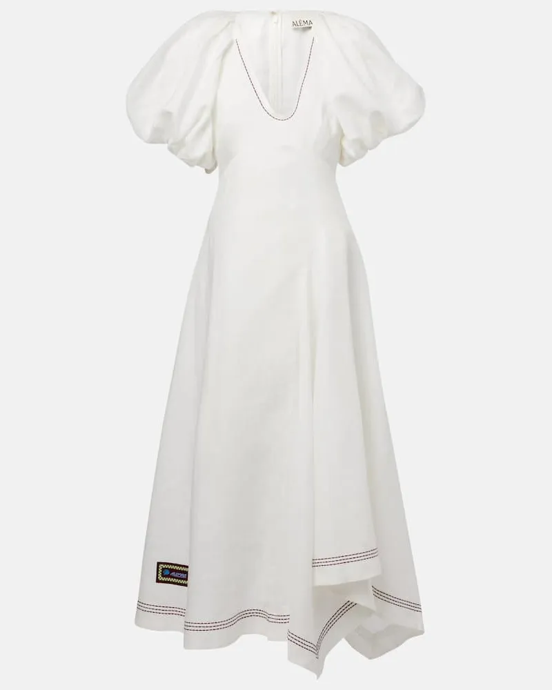 ALEMAIS Alémais Besticktes Midikleid Magnolia aus Leinen Weiß