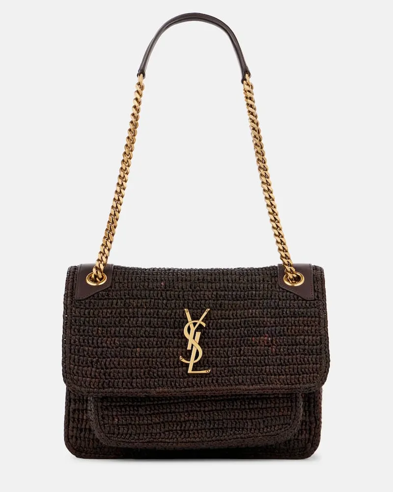 Saint Laurent Schultertasche Niki Medium aus Raffiabast Braun