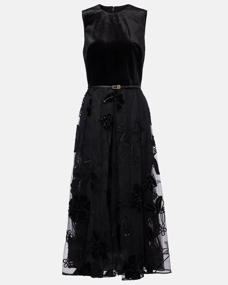 Elie Saab Verziertes Midikleid aus Samt und Tüll Schwarz