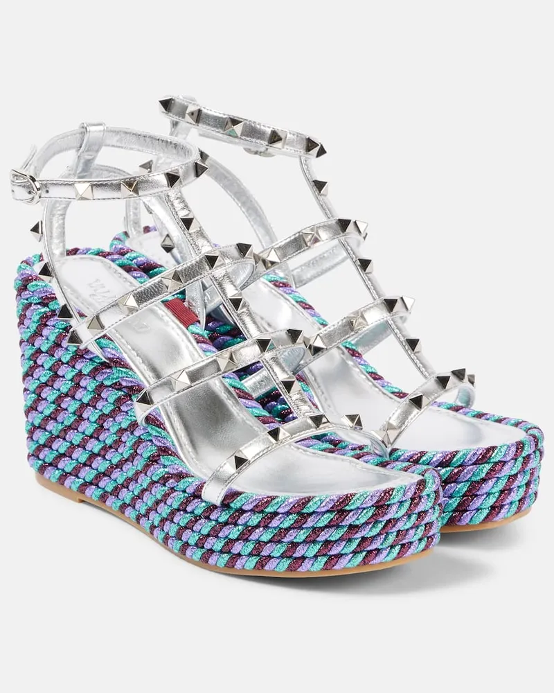 Valentino Garavani Wedge-Sandalen Rockstud 95 mit Metallic-Leder Silber