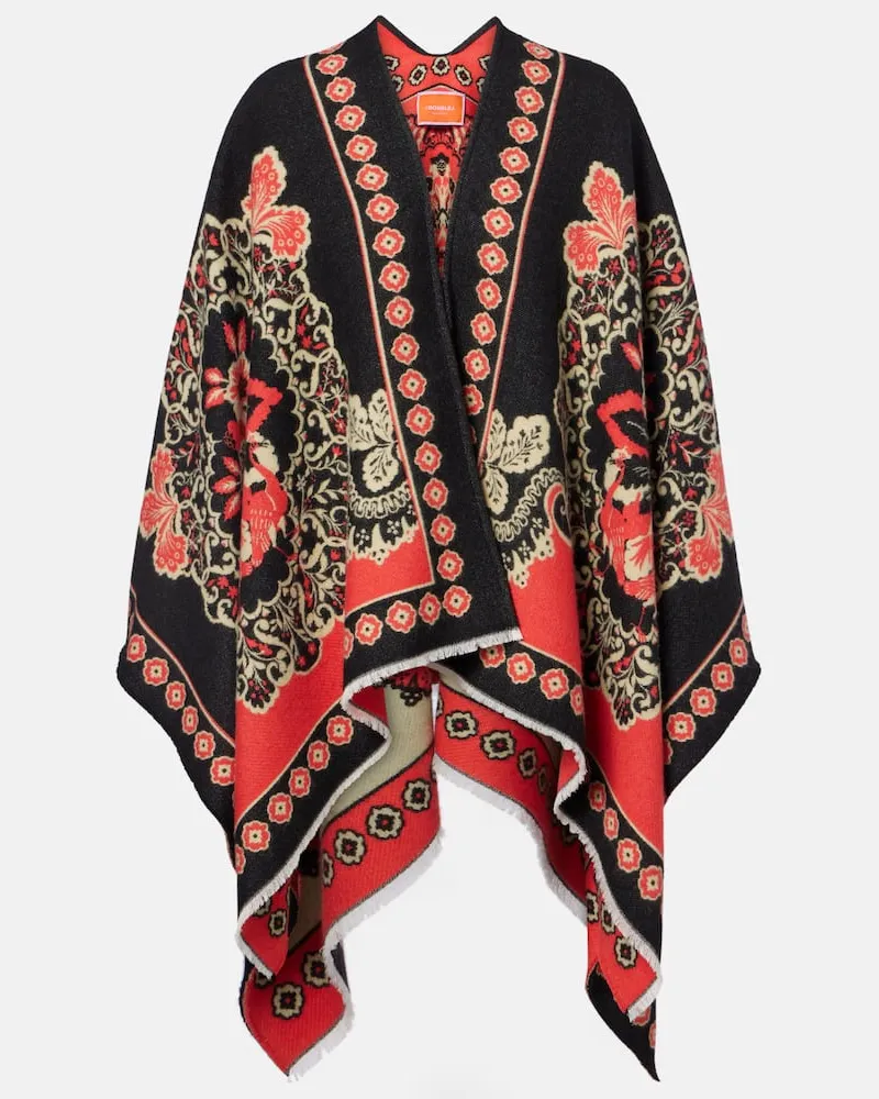 La DoubleJ Bedruckter Poncho Soul aus Wolle und Seide Schwarz