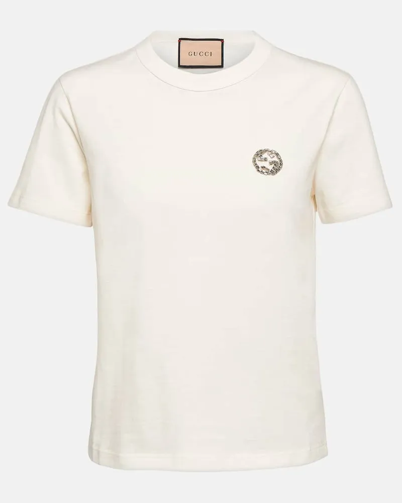 Gucci Verziertes T-Shirt aus Baumwoll-Jersey Weiß