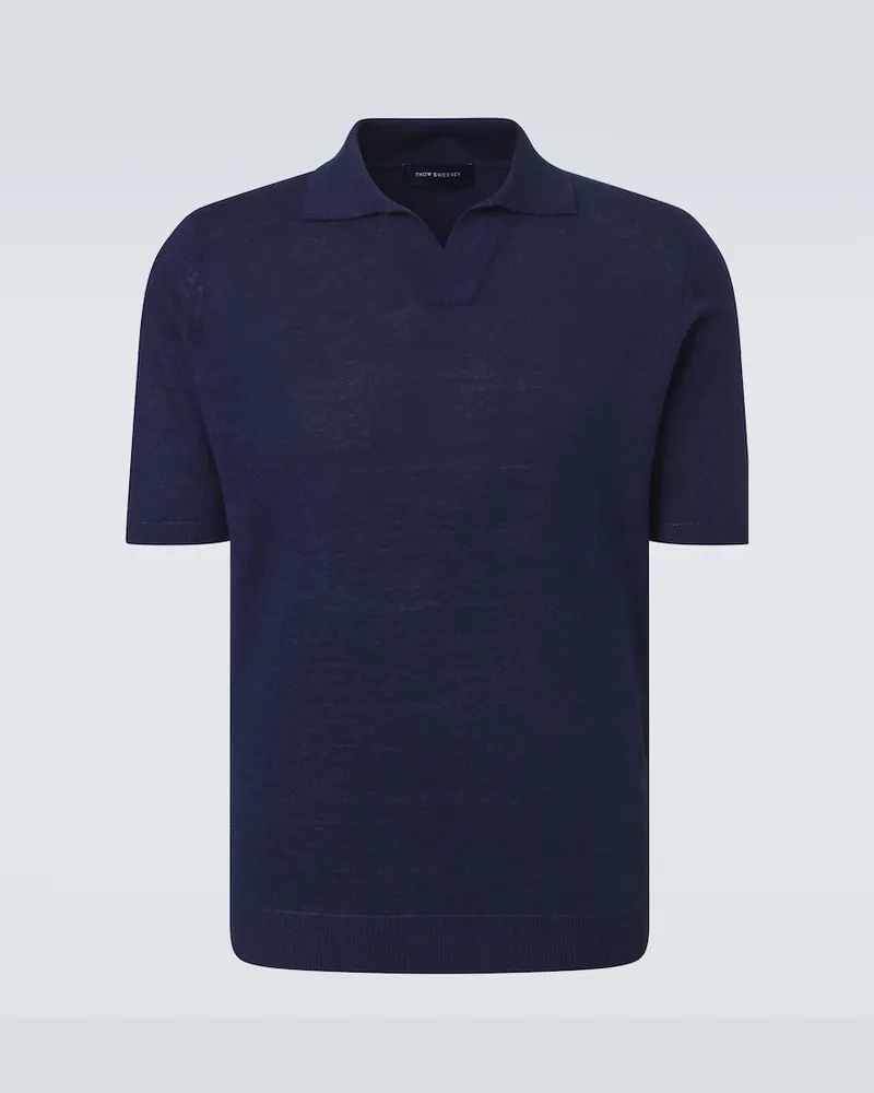 Thom Sweeney Polohemd aus Leinen und Baumwolle Blau