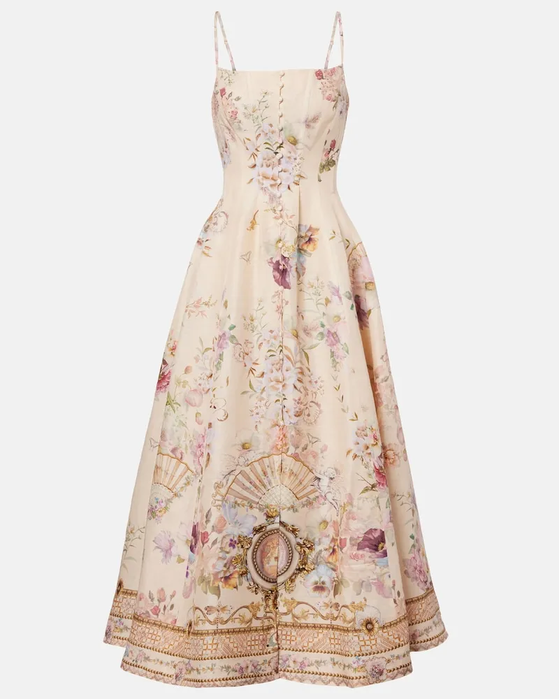 Camilla Bedrucktes Midikleid aus Leinen und Seide Multicolor