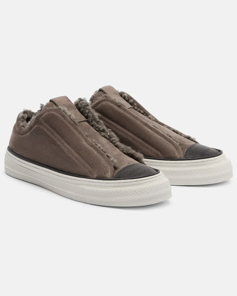 Brunello Cucinelli Slip-Ons Monili aus Veloursleder mit Shearling Grau