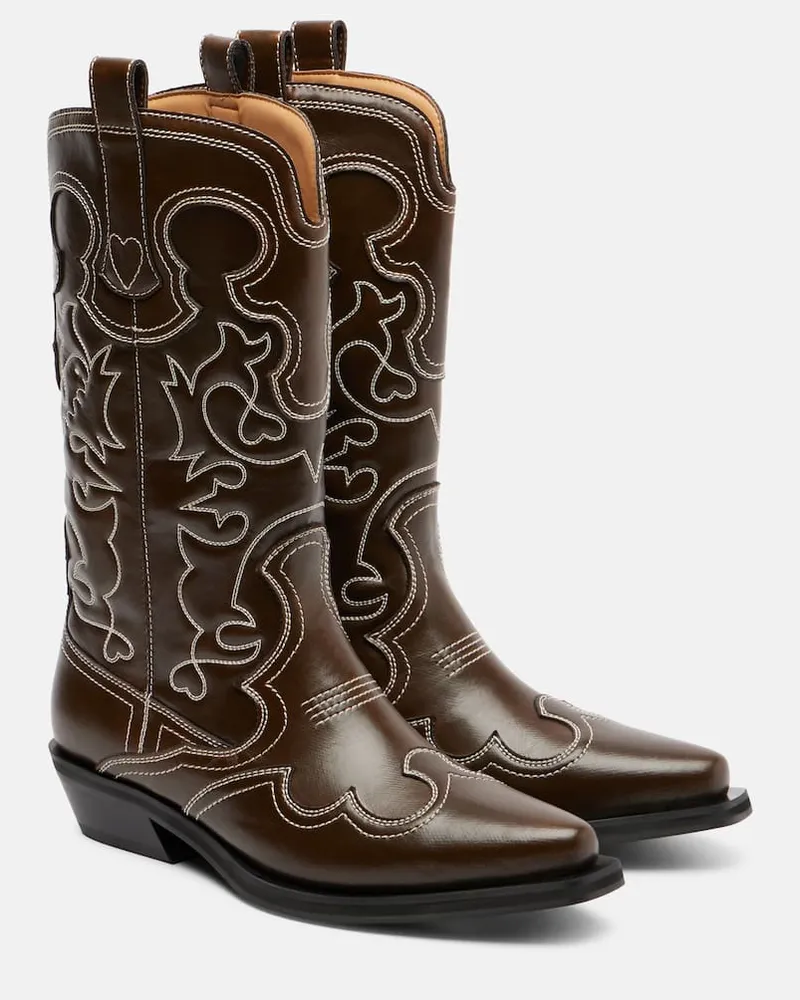 Ganni Bestickte Westernstiefel Mid Shaft Braun