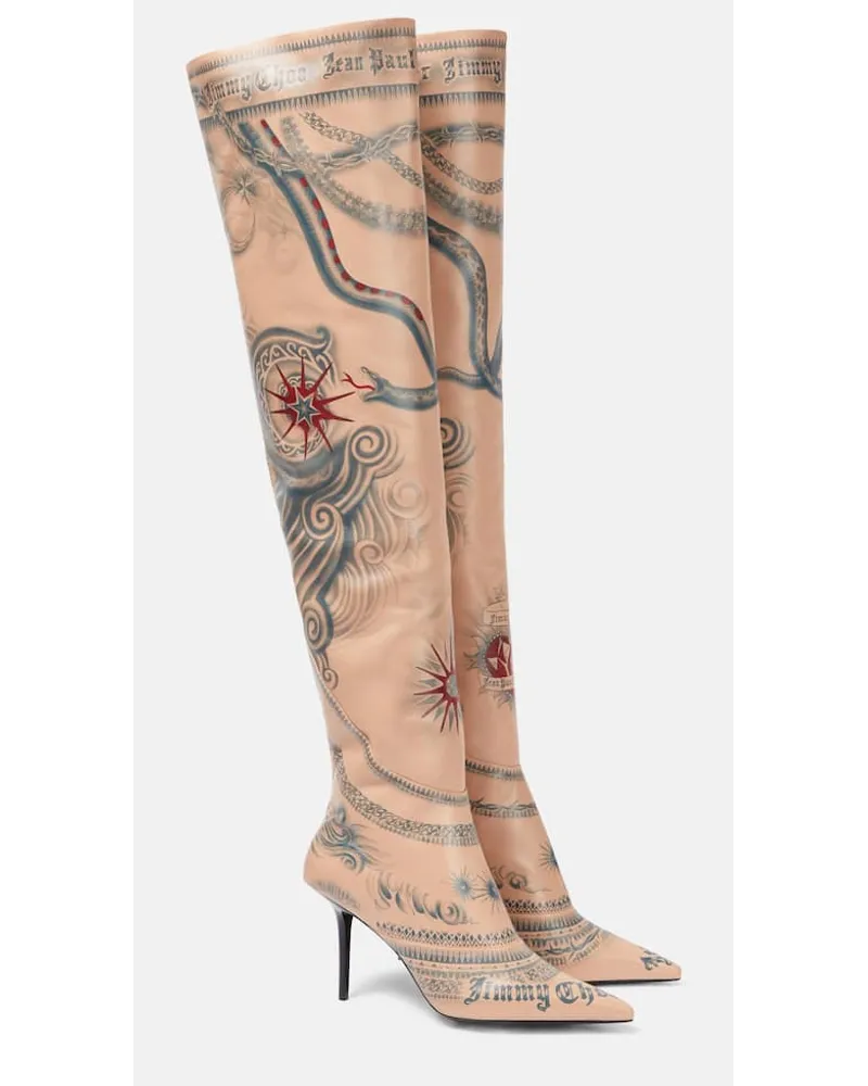 Jimmy Choo X Jean Paul Gaultier Overknee-Stiefel Tattoo aus Leder Beige