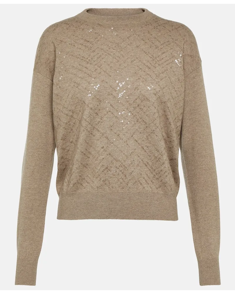 Brunello Cucinelli Verzierter Pullover aus Wolle, Kaschmir und Seide Braun