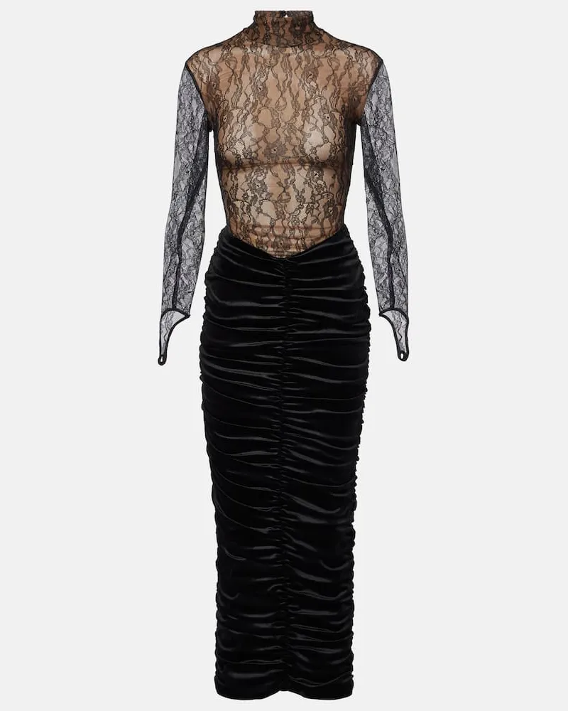 The New Arrivals Ilkyaz Ozel Robe Sianni in Midnight Sky aus Samt mit Spitze Schwarz