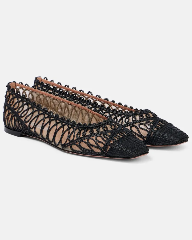 Aquazzura Ballerinas Kahlo mit Raffiabast und Mesh Schwarz