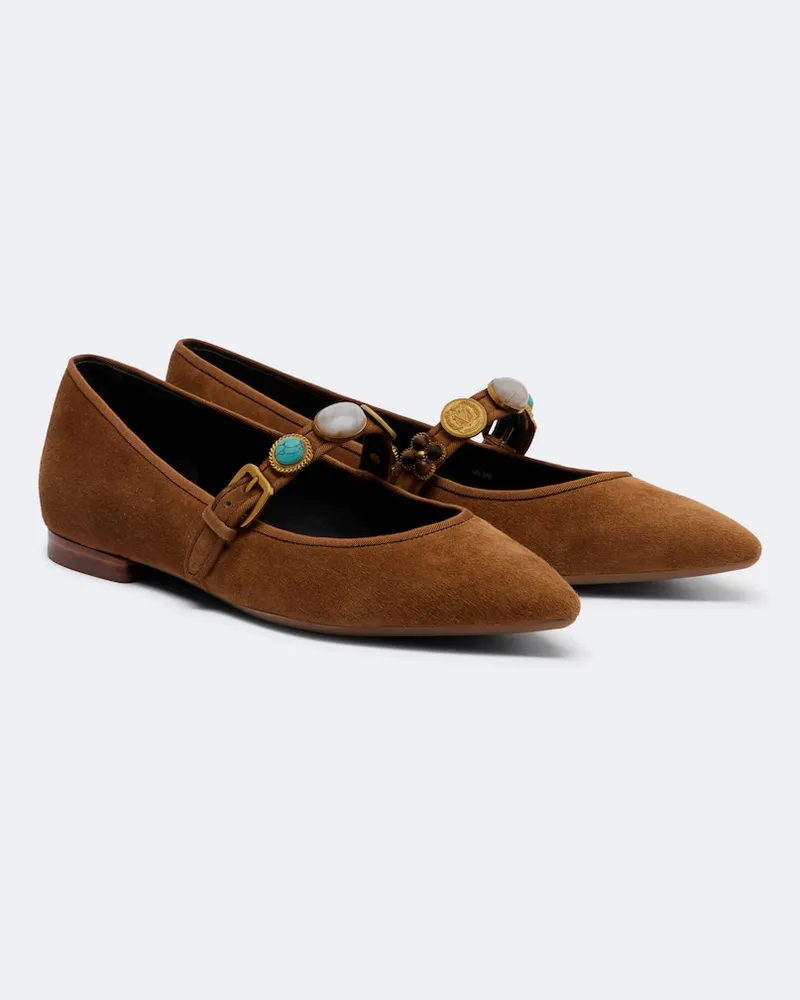 Veronica Beard Verzierte Mary-Jane-Ballerinas aus Veloursleder Braun
