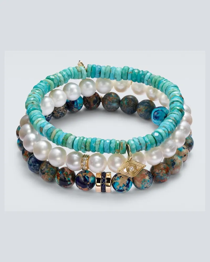 Sydney Evan Set aus drei Armbändern mit 14kt Gelbgold und Edelsteinen Multicolor