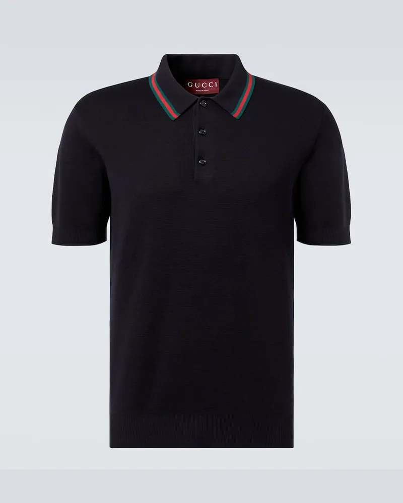 Gucci Polohemd Web Stripe aus Seide und Baumwolle Blau