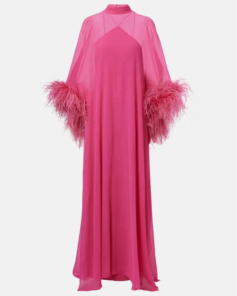 Taller Marmo Kaftan Penelope aus Seide mit Federn Rosa