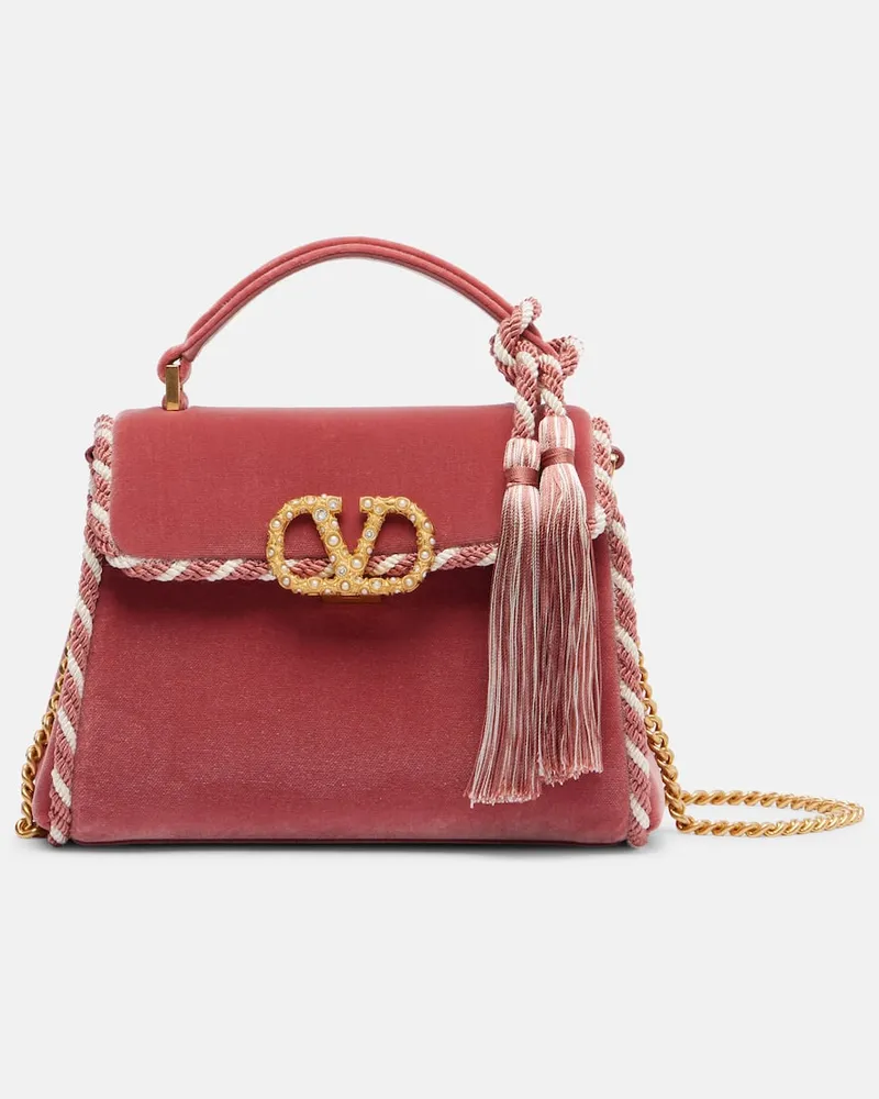 Valentino Garavani Verzierte Tote Bag VSling Mini aus Samt Pink