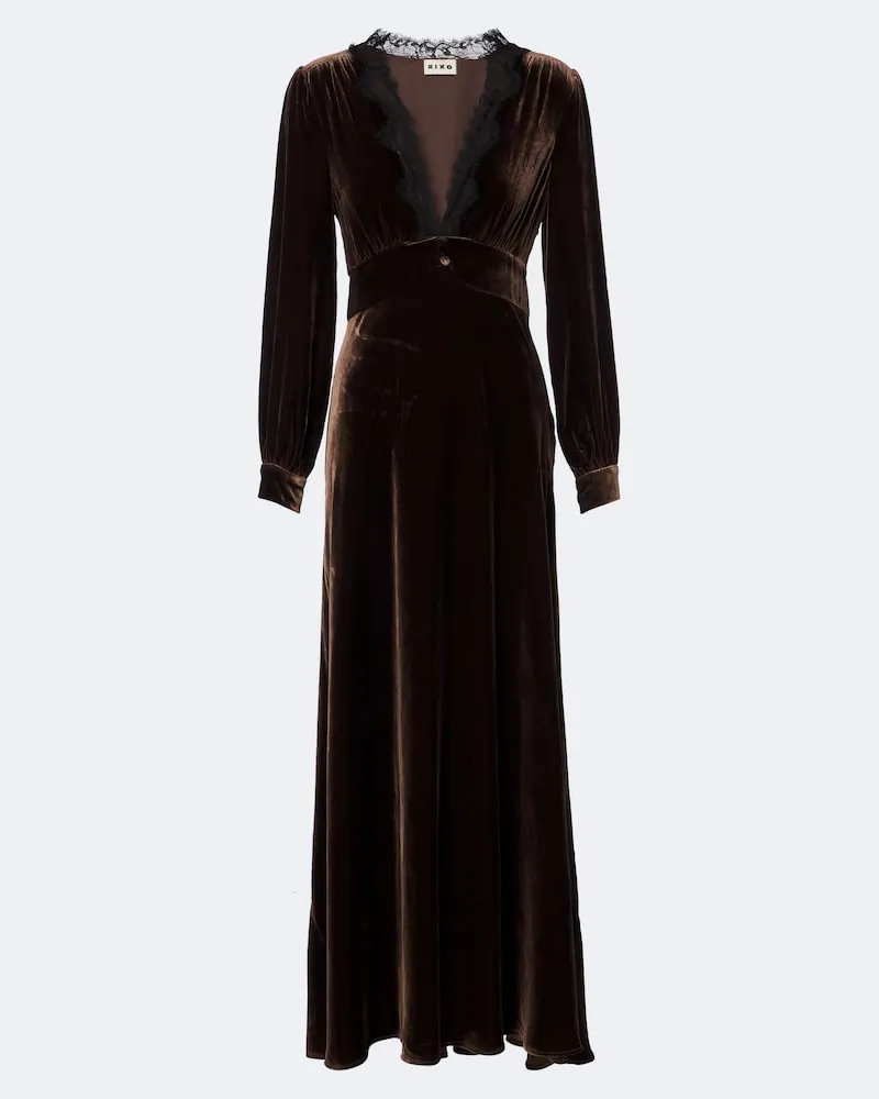 RIXO Maxikleid Emory aus Samt mit Spitze Braun