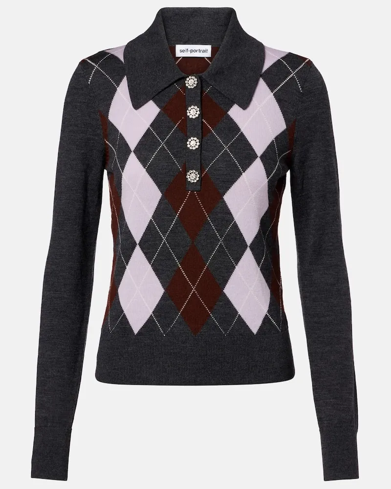 Self-Portrait Polopullover aus Wolle Grau