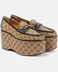 Gucci Plateau-Loafers Horsebit GG aus Canvas Braun