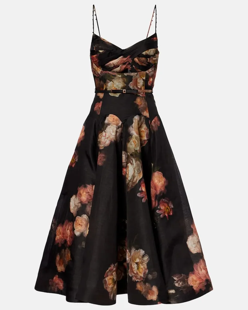 Zimmermann Midikleid Hypnotic aus Leinen und Seide Schwarz